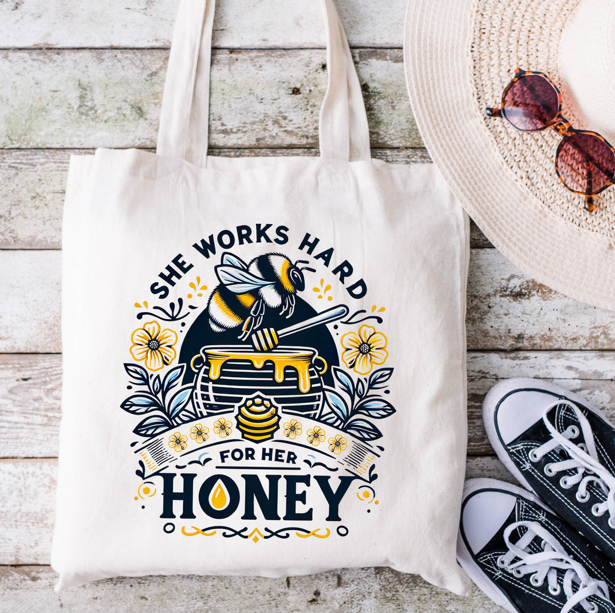 She Works Hard Honey Tote Bag | Honey Bee Gift