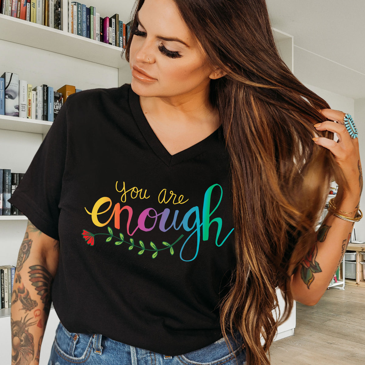 You Are Enough Girl Power Psychology Shirt  | Black V-neck T-shirt
