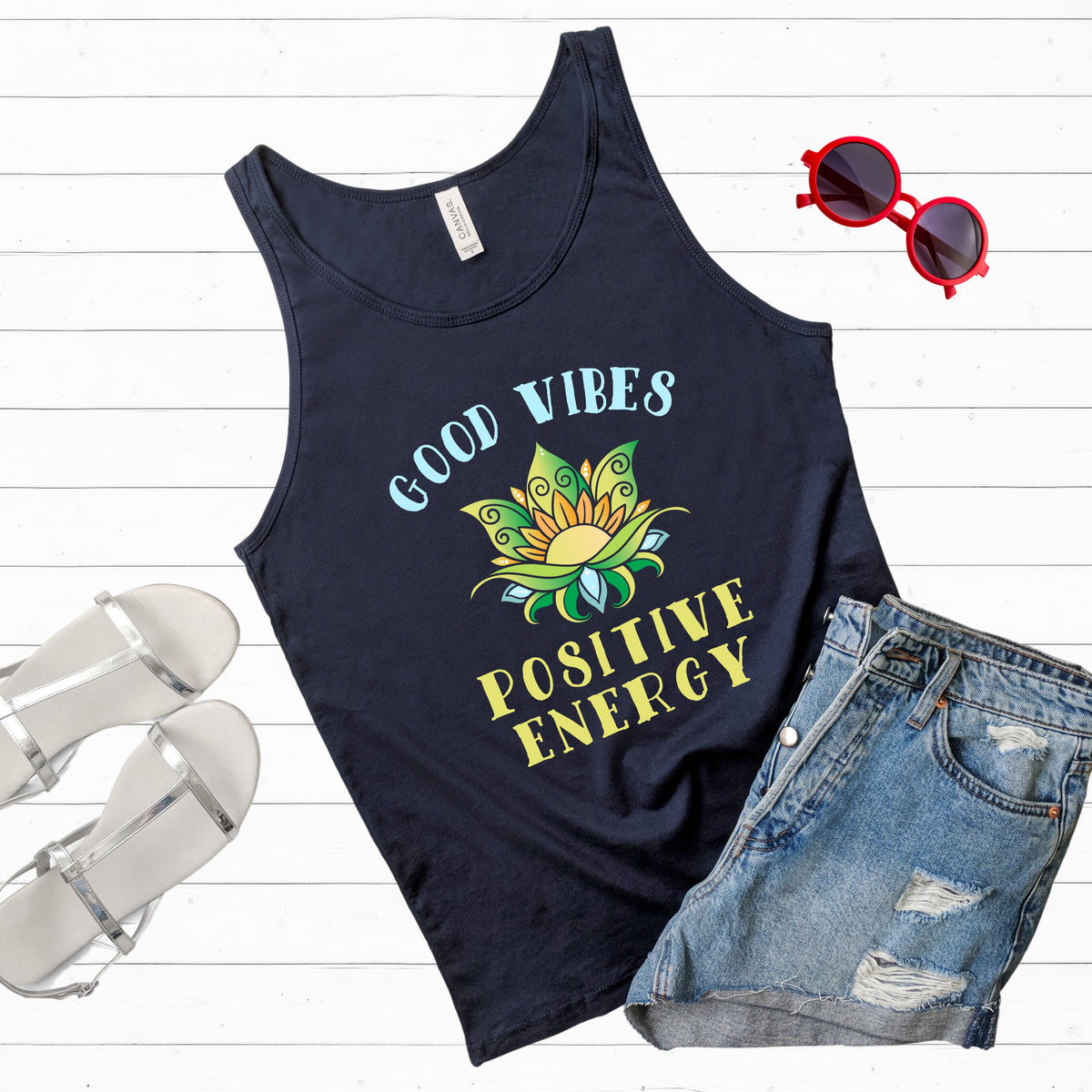 Good Vibes Positive Energy Yoga Shirt | Yoga Lover Gift  | Mens Navy Unisex Jersey Tank Top