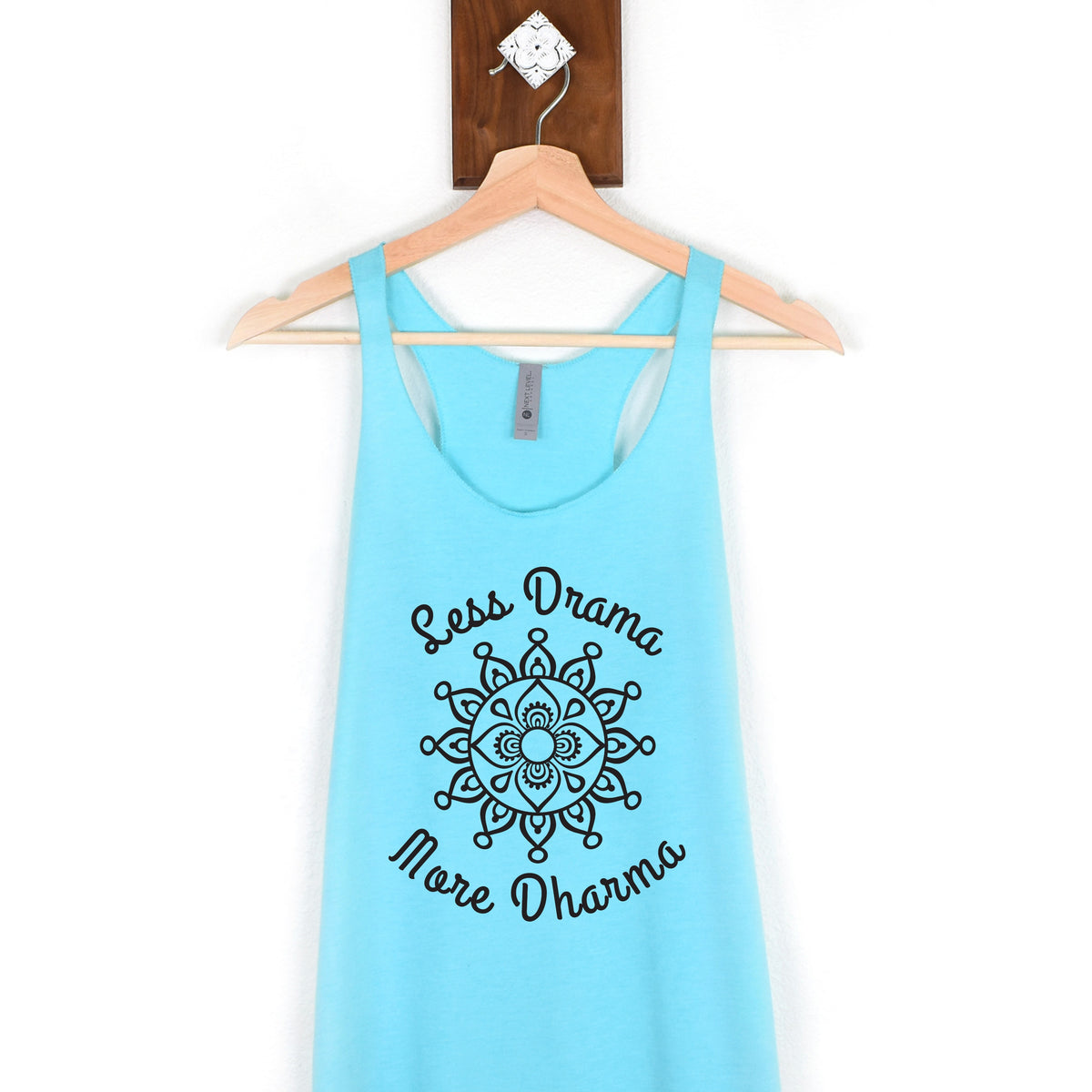 Less Drama More Dharma Funny Yoga Shirt | Women's Tahiti Blue Racerback Tank top