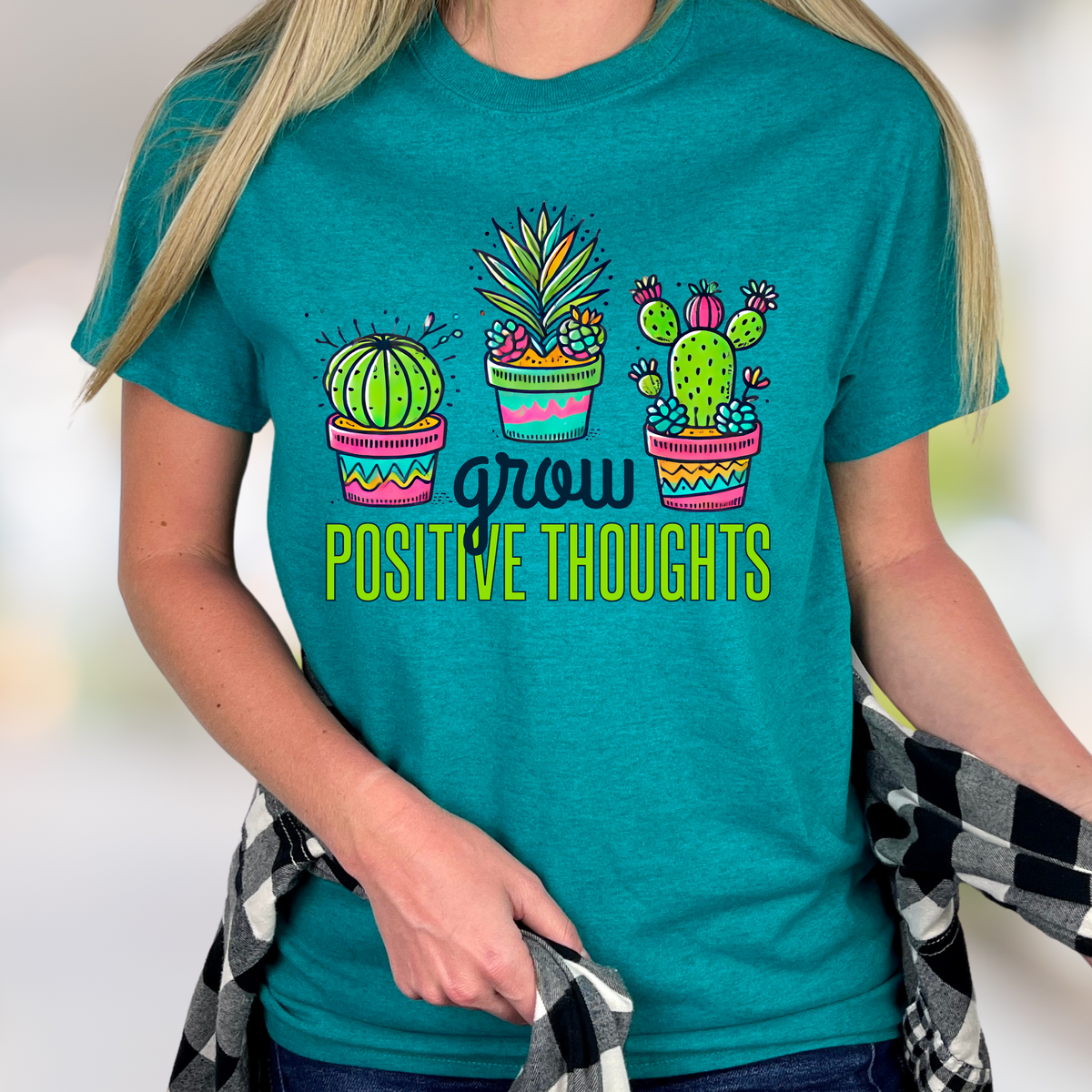 Grow Positive Thoughts Cactus Shirt  | Heather Galapagos Blue T-shirt