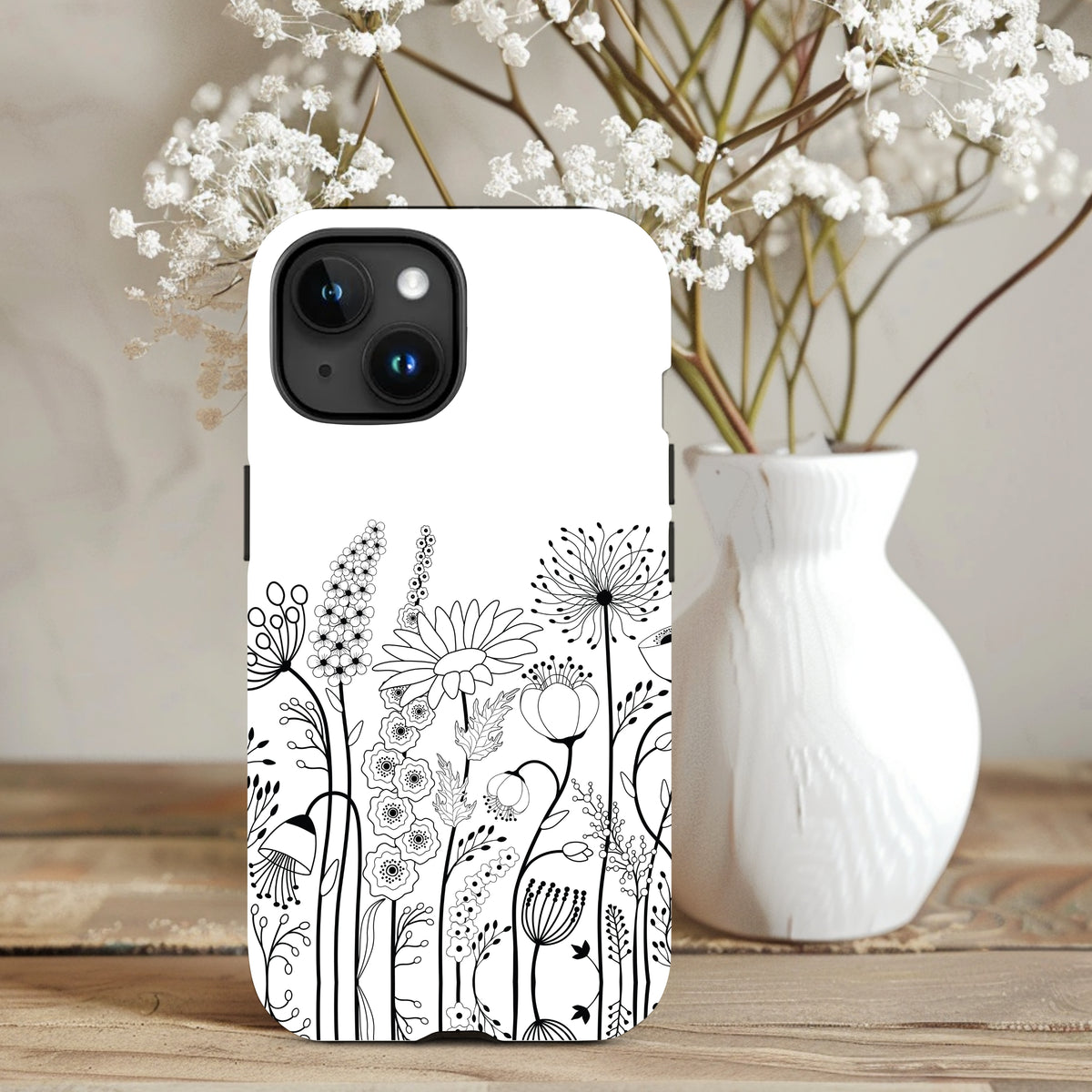 Black & White Wildflower Art iPhone 15 Phone Case