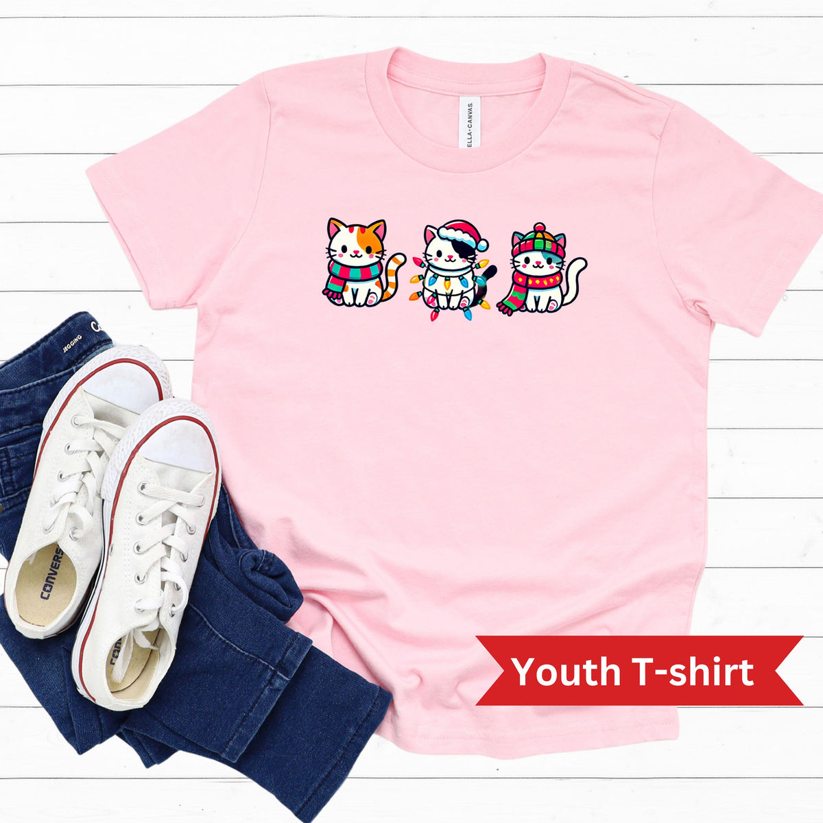 Cute Kawaii Cat Christmas Lights Shirt  | Pink Youth T-shirt