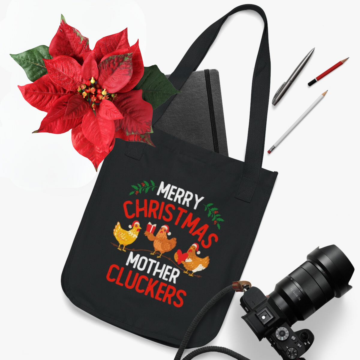 Funny Merry Christmas Chicken Tote Bag | Black Tote Bag