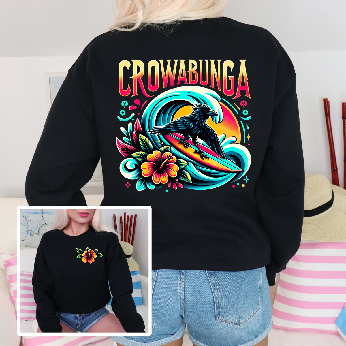 Crowabunga Funny Surfing Crow Shirt  | Black Crewneck Sweatshirt