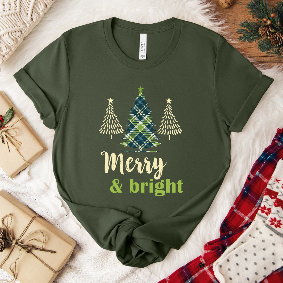 Merry & Bright Christmas Tree Plaid Shirt  Military Green Tshirt