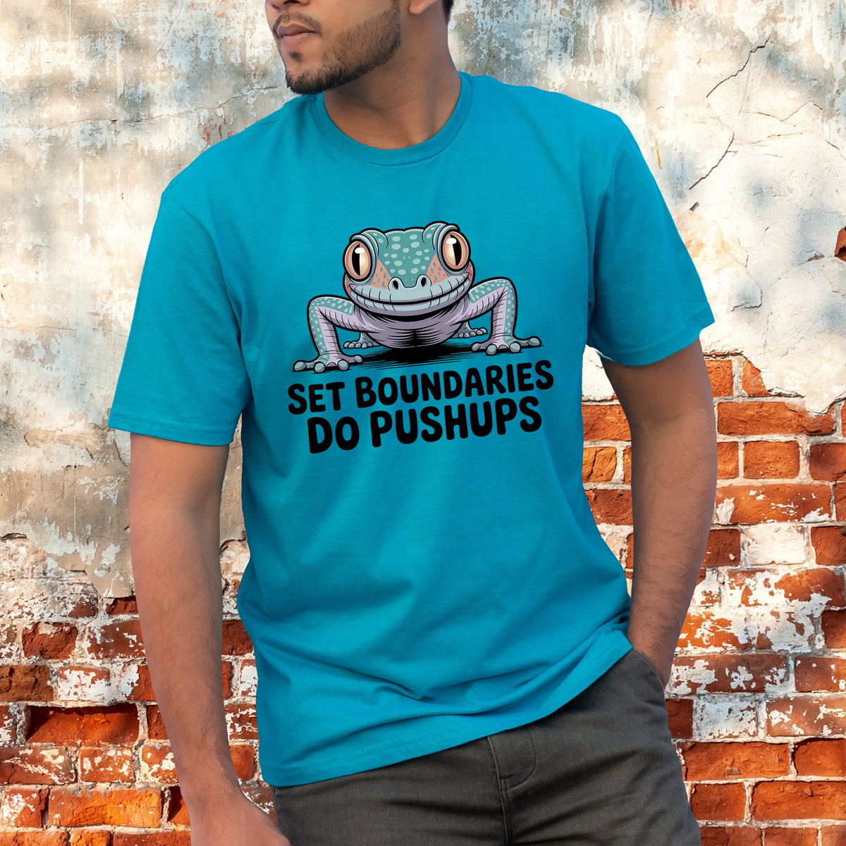 Set Boundaries Do Pushups Funny Lizard Shirt| Tahiti Blue Unisex Soft Style Shirt