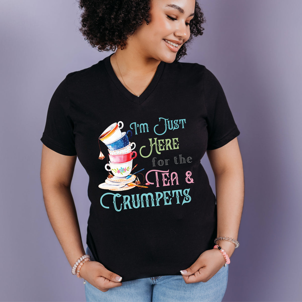 Tea & Crumpets Tea Cups Funny Shirt | Black V-neck T-shirt