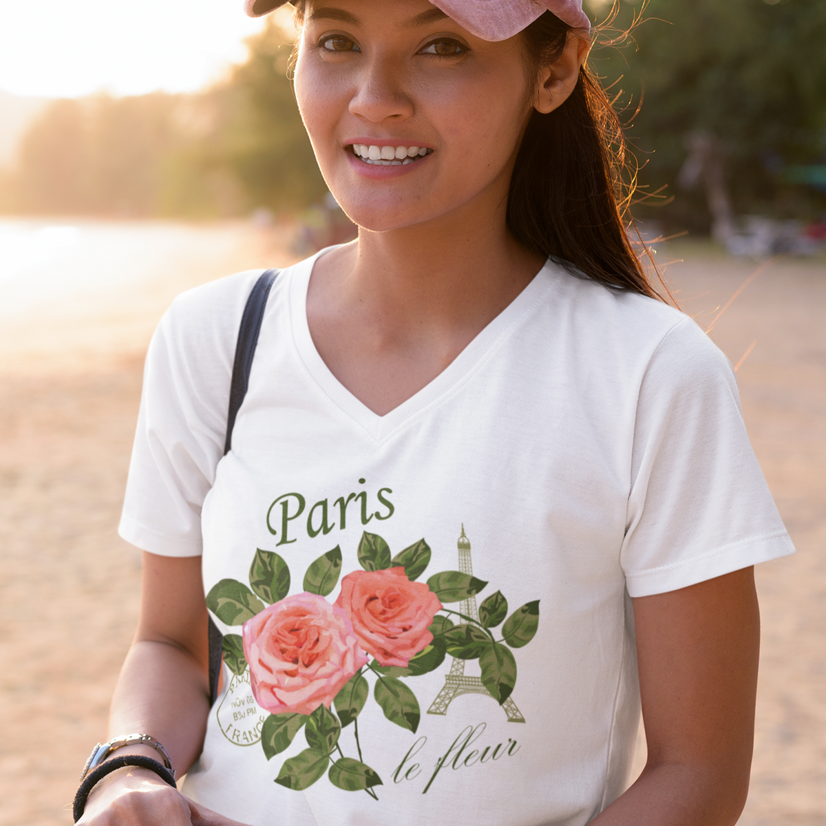 Paris France Vintage Rose Shirt | World Traveler Gardening Gift | White V-neck T-shirt