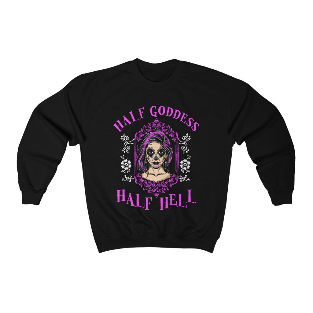 Half Goddess Half Hell Halloween Witch Shirt | Sugar Skull Gift | Unisex Crewneck Sweatshirt