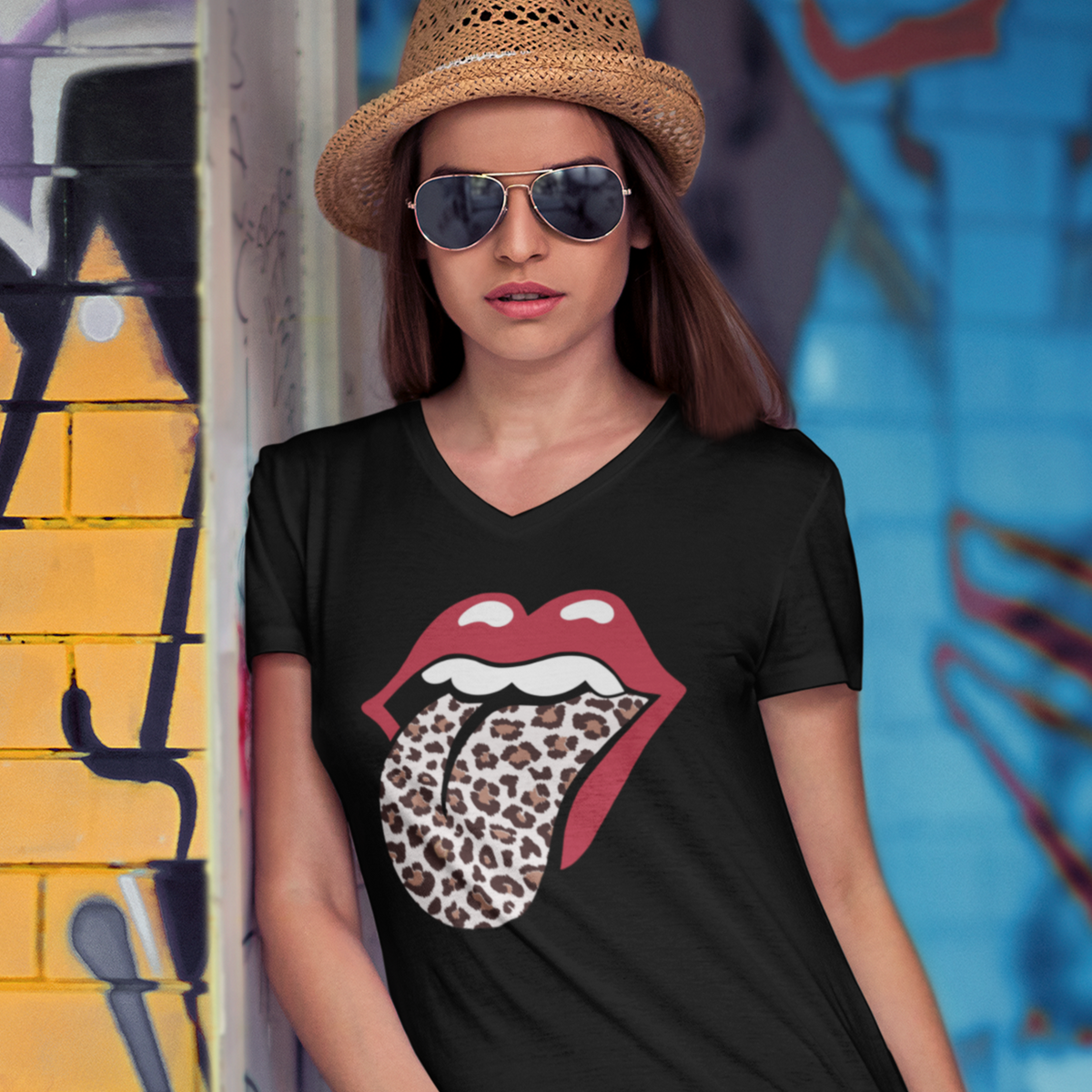 Leopard Print Tongue Red Lips T-shirt l Vintage Rock 'n Roll Gift | Unisex Jersey V-neck T-shirt