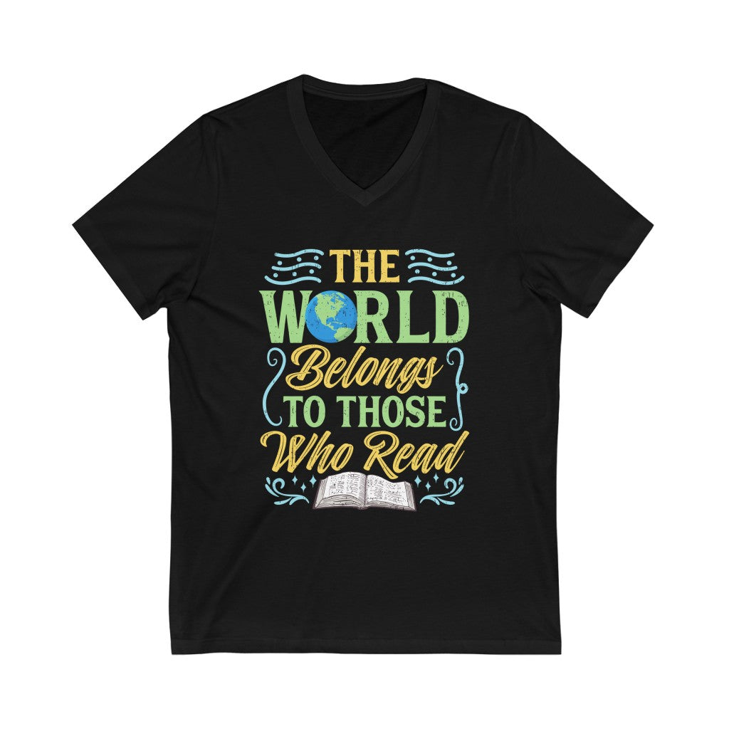 World Reading Book Lover Bookish Shirt | Bibliophile Gift | Unisex Jersey V-neck T-shirt