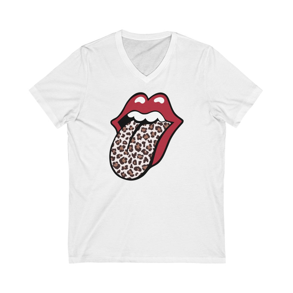 Leopard Print Tongue Red Lips T-shirt l Vintage Rock 'n Roll Gift | Unisex Jersey V-neck T-shirt