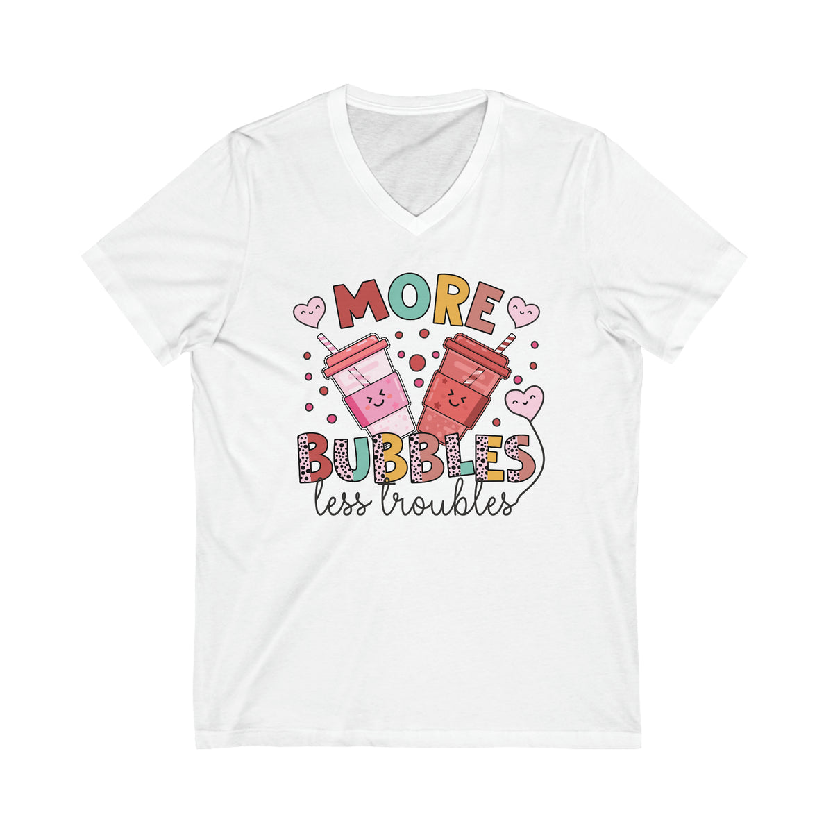 More Bubbles Less Troubles Cute Boba Tea Shirt | Cute Kawaii Shirt Bubble Tea Shirt | Bubble Tea Gift For Her | Unisex Jersey V-Neck T-shirt