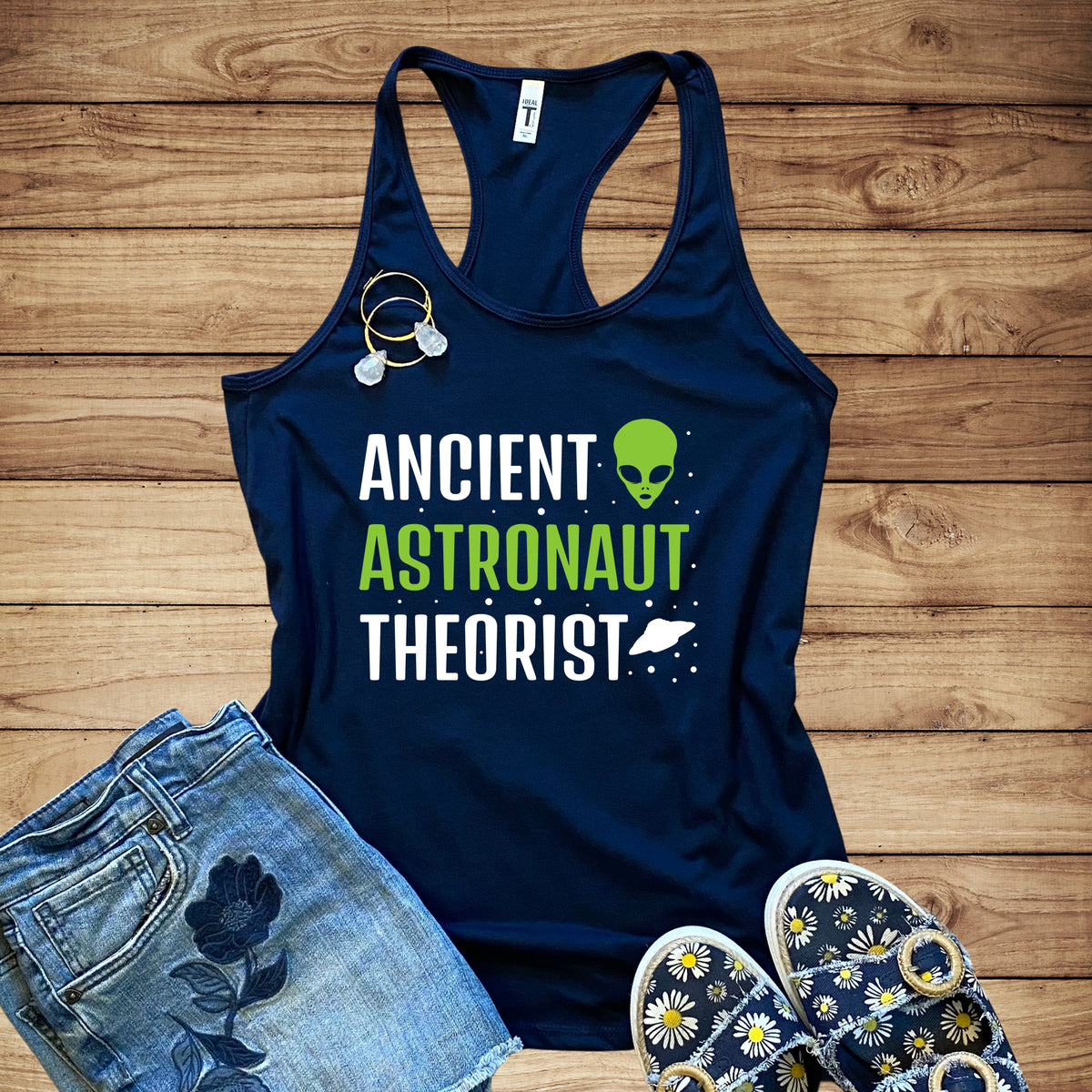 Ancient Astronaut Theorist Alien UFO Shirt | Funny Alien Gift | Women's Slim-fit Racerback Tank Top