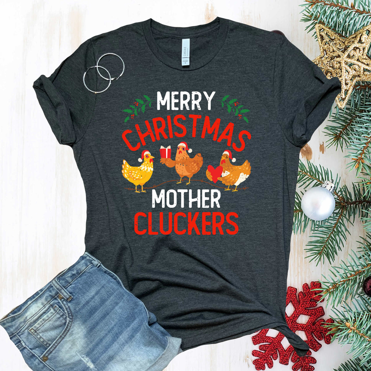 Funny Merry Christmas Chicken Shirt | Dark Grey Heather Unisex Jersey T-shirt