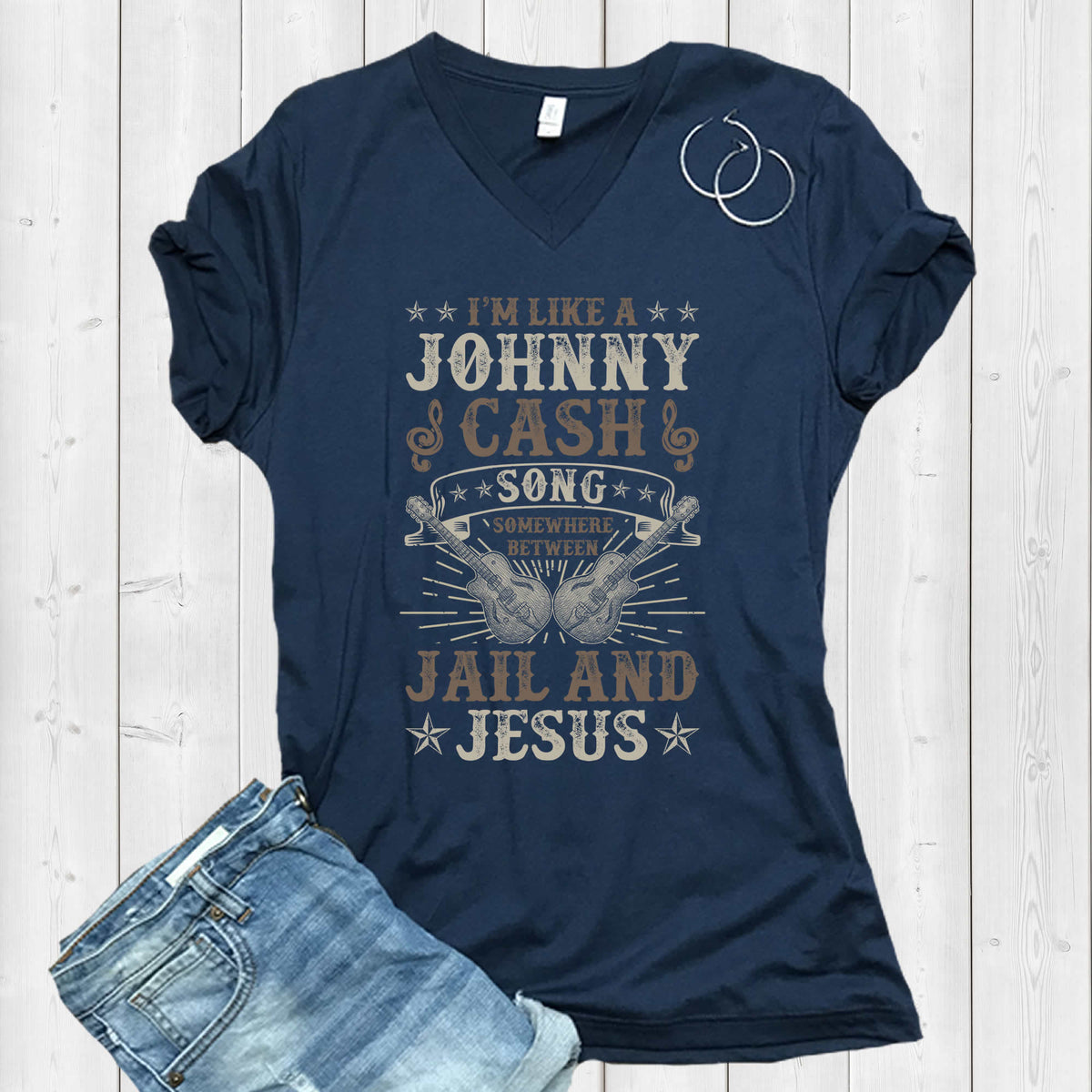 Jesus & Jail Johnny Cash Song Guitar Shirt | Country Western Graphic Tees | Unisex Jersey V-neck T-shirt