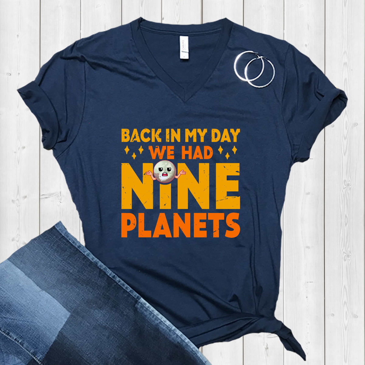 Nine Planets Solar System Funny Pluto Shirt | Science Teacher Gift | Unisex Jersey V-neck T-shirt
