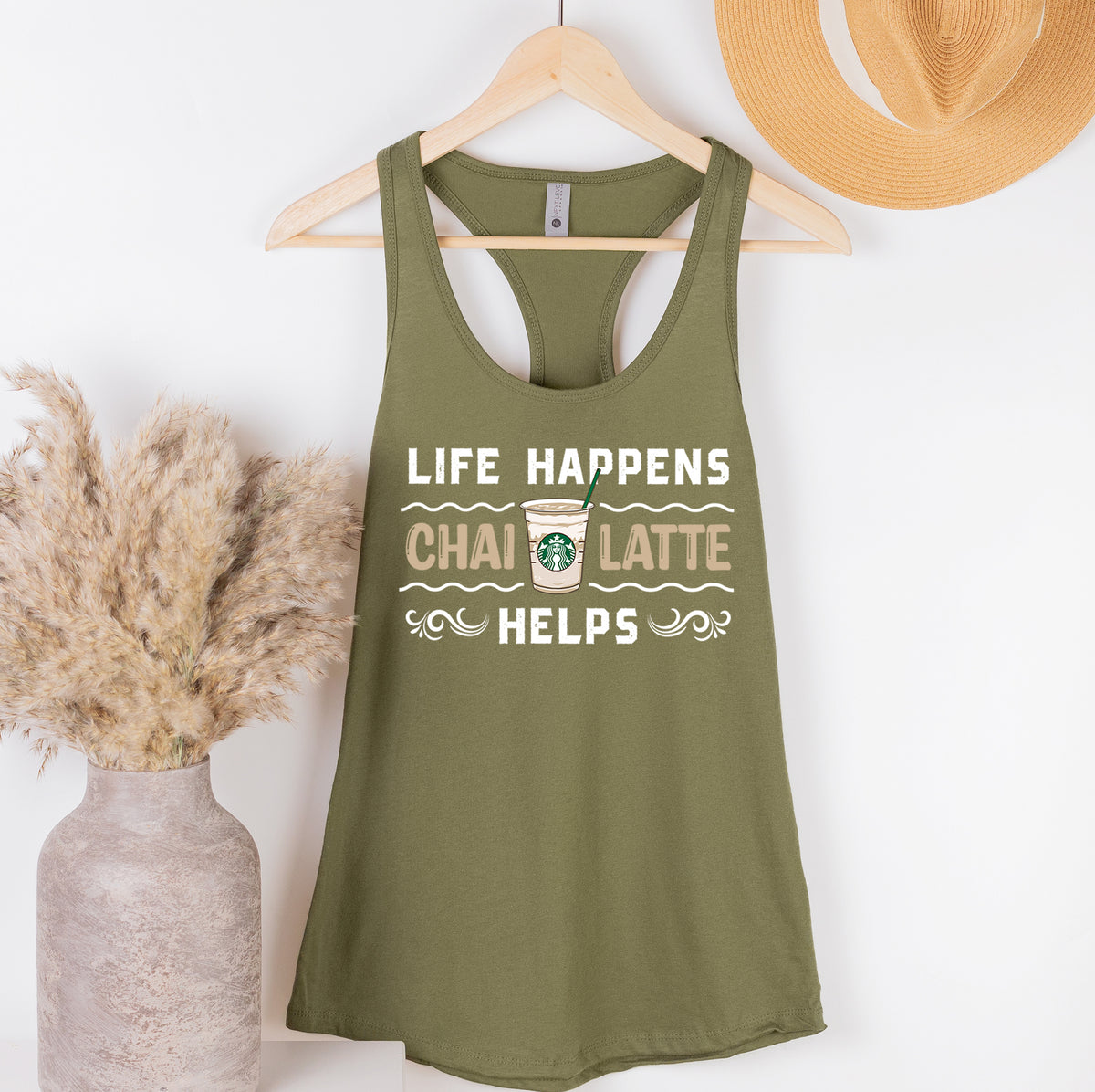 Life Happens Iced Chai Latte Chai Tea Shirt | Tea Lover Gift | Women's Slim-fit Racerback Tank Top