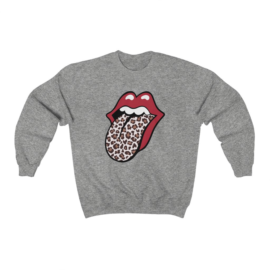 Leopard Print Tongue Red Lips T-shirt l Vintage Rock 'n Roll Gift | Unisex Crewneck Sweatshirt
