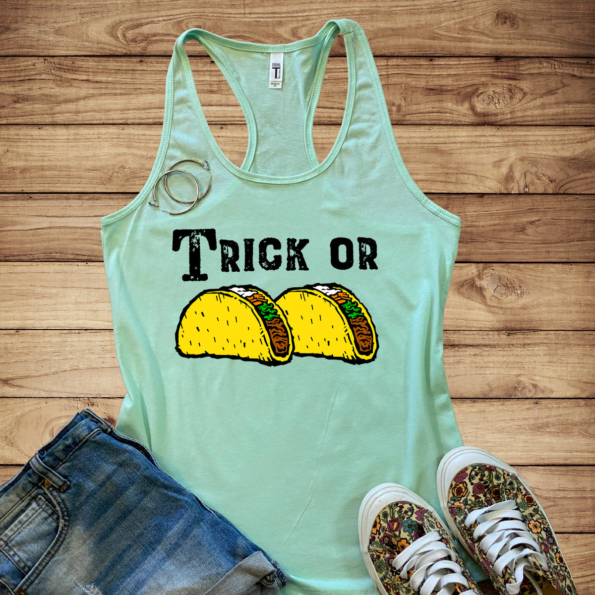 Trick or Tacos Funny Halloween Taco Shirt | Taco Lover Gift | Women's Slim-fit Racerback Tank Top