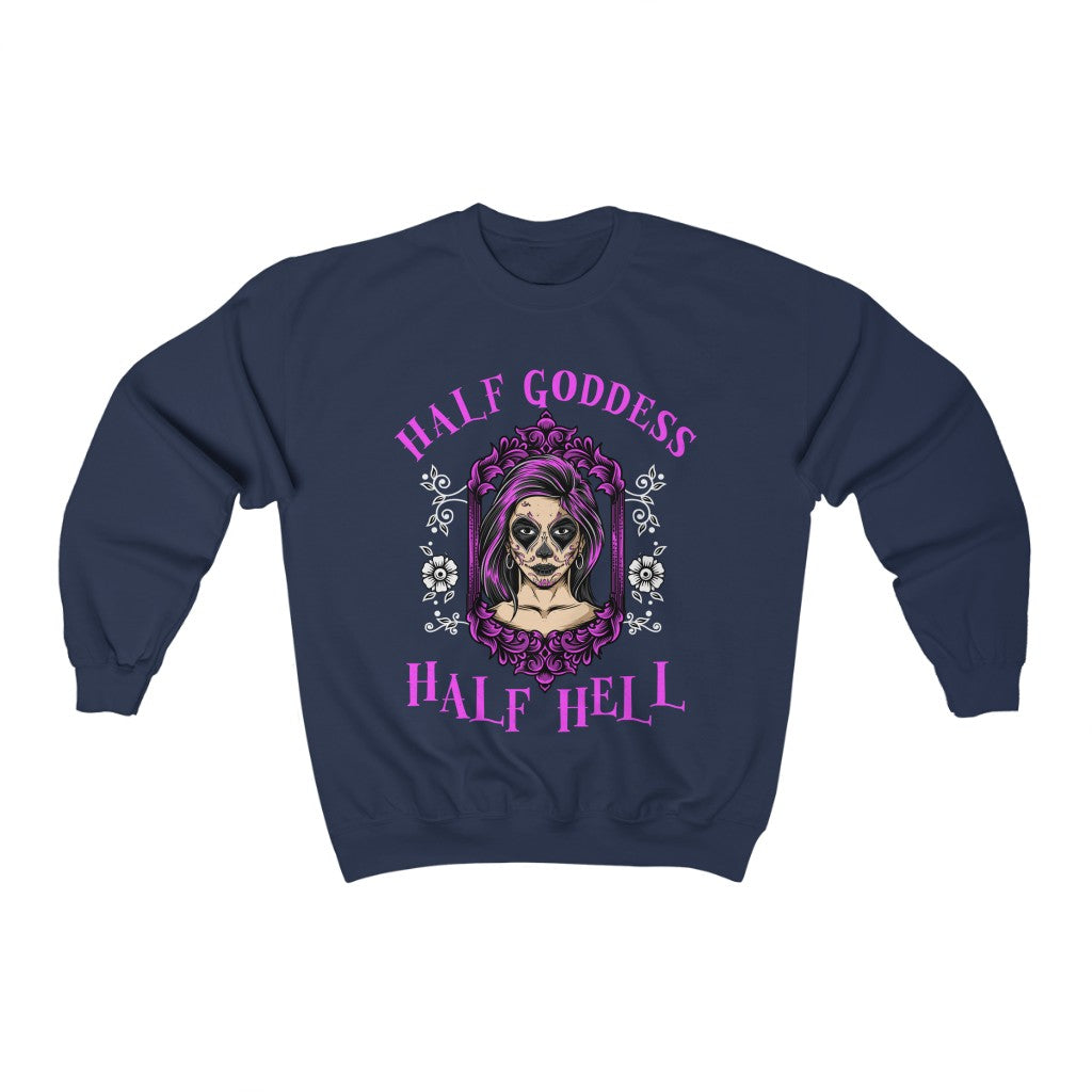 Half Goddess Half Hell Halloween Witch Shirt | Sugar Skull Gift | Unisex Crewneck Sweatshirt