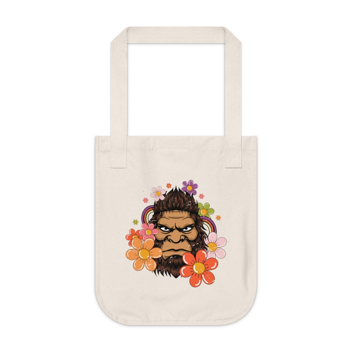 Retro 70s Floral Bigfoot Tote Bag | Funny Flower Power Tote | Organic Canvas Tote Bag