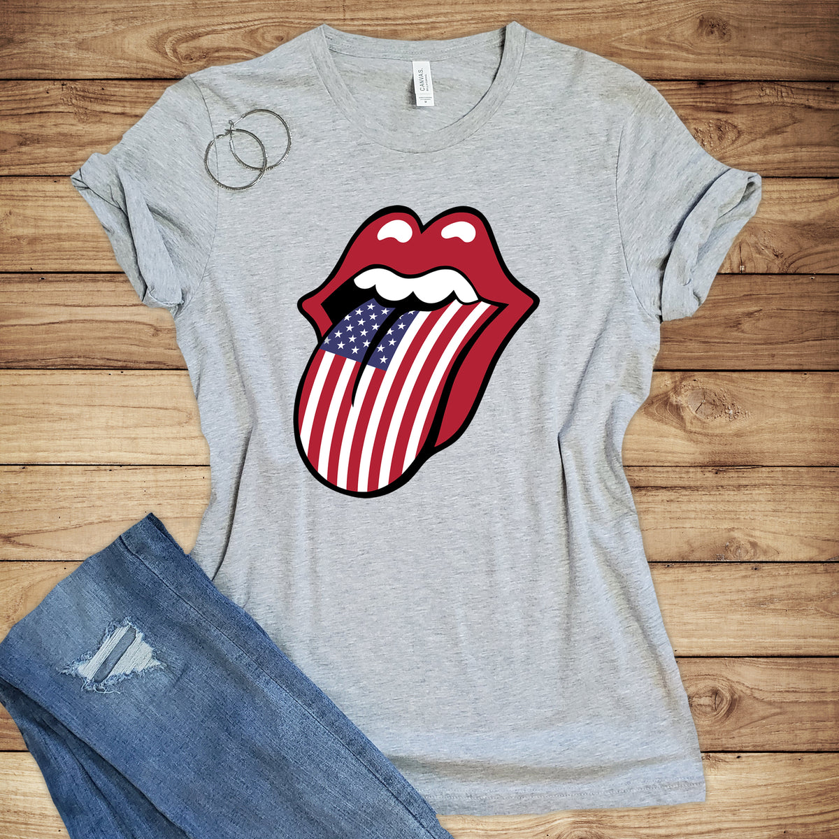 American Flag Red Lip Rock 'n Roll T-shirt | Vintage Patriotic T-shirt | Unisex Jersey T-shirt