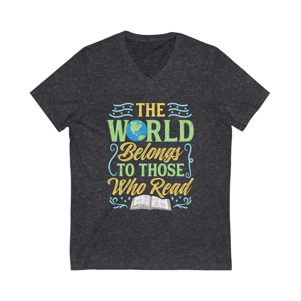 World Reading Book Lover Bookish Shirt | Bibliophile Gift | Unisex Jersey V-neck T-shirt