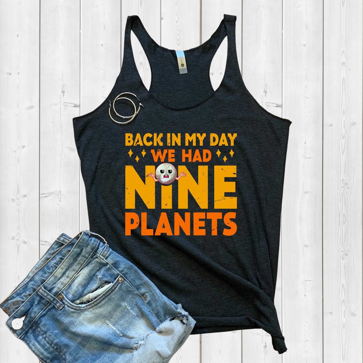 Nine Planets Solar System Funny Pluto Shirt | Science Teacher Gift | Women's Tri-blend Racerback Tank Top
