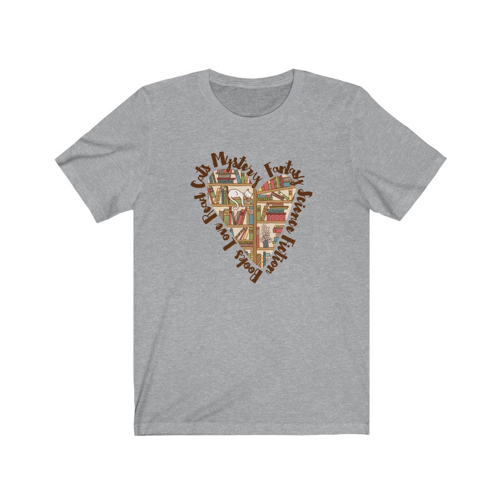 Book Lover Heart Cat Lady T-shirt | Cat Lover Bookworm Gifts | Unisex Jersey T-shirt