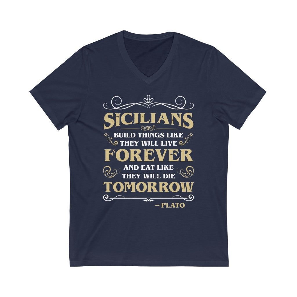 Funny Sicilian Plato Quote Italian Shirt | Sicily Italy Gift | Unisex Jersey V-neck T-shirt
