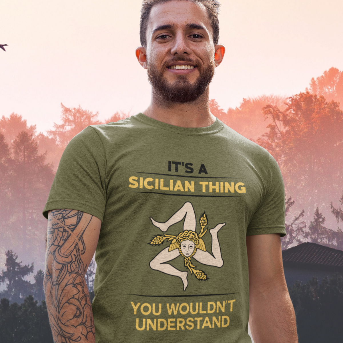 Sicily Italy Coat of Arms Shirt | Heather Olive T-shirt