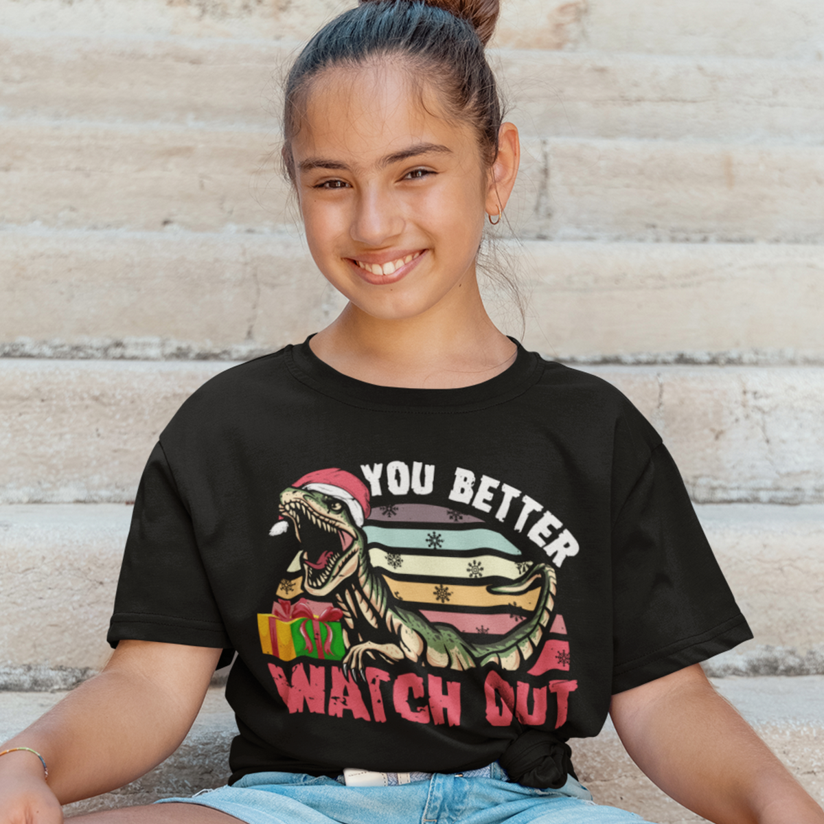Velociraptor Dinosaur Christmas Shirt  | You Better Watch Out Funny Santa Shirt | Youth Jersey T-shirt