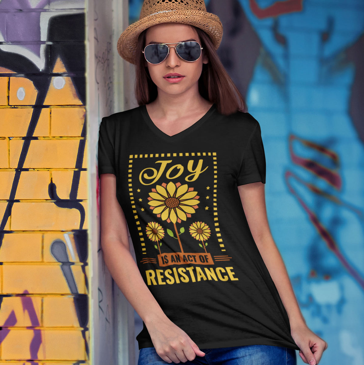 Joy Resistance Sunflower Aesthetic Shirt | Sunflower Gift | Unisex Jersey V-neck T-shirt